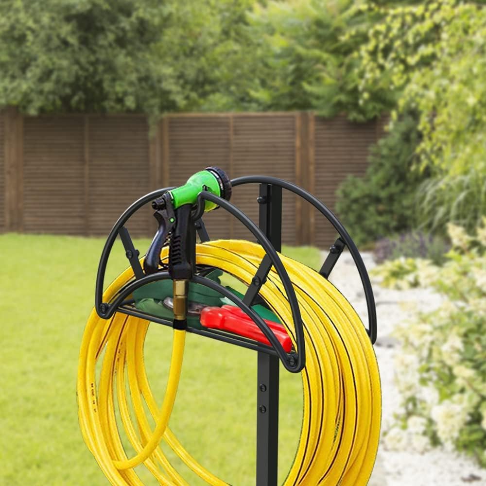 Bomclap Gartenschlauchhalter Freistehender, Metall Gartenschlauch Halterung Schlauchständer mit Ablagefach, Schlauchhalter für Garten, Schwarz
