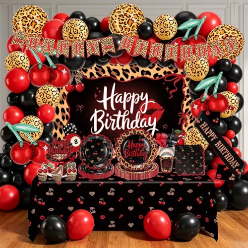 Red Cheetah Print Birthday Decorations All-In-One Leopard Print Party Set Includes Balloon Arch Plates Sash Backdrop Banner Tablecloth Cake Cupcake Topper for Girls Women