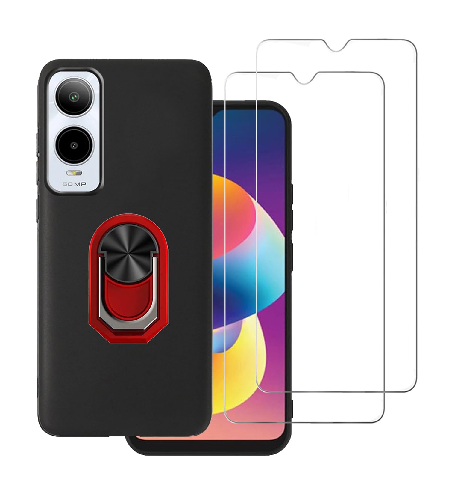 DAMONDY for Cricket Icon 6 Case 2 Pack Screen Protector Tempered Glass,Cricket Icon 6 Case,Full Body Shock Protective Kickstand 360 Ring Holder Back