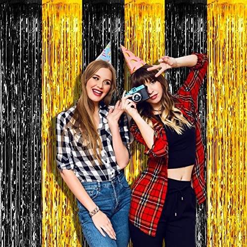 Image of 4 Pack 3.2Ft x 8.2Ft Black Gold Foil Fringe Curtain Backdrop, Metallic Tinsel Foil Fringe Streamers Curtains Background for Photo Booth, Birthday, Wedding, Mardi Gras, Graduation Party Decoration