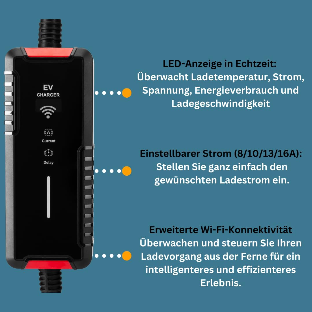 Tragbares Typ 2 Ladekabel 220V | 16A 1-Phasig 3.6kW, 5m| mit Display & Stromstärkenwahl | 5m Ladegerät mit Schutzfunktionen für Elektroautos | IP54 | EV Charging Cable mit Zeitfunktion