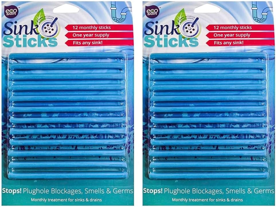 Eco Barn Sink Stick | Plughole Sticks | Drain Unblocker & Sanitation. Sticks for Bathroom & Kitchens, Drain Cleaner & Deodoriser, Prevent Hair Blockages Forming | 2 Packs, 24 Sticks