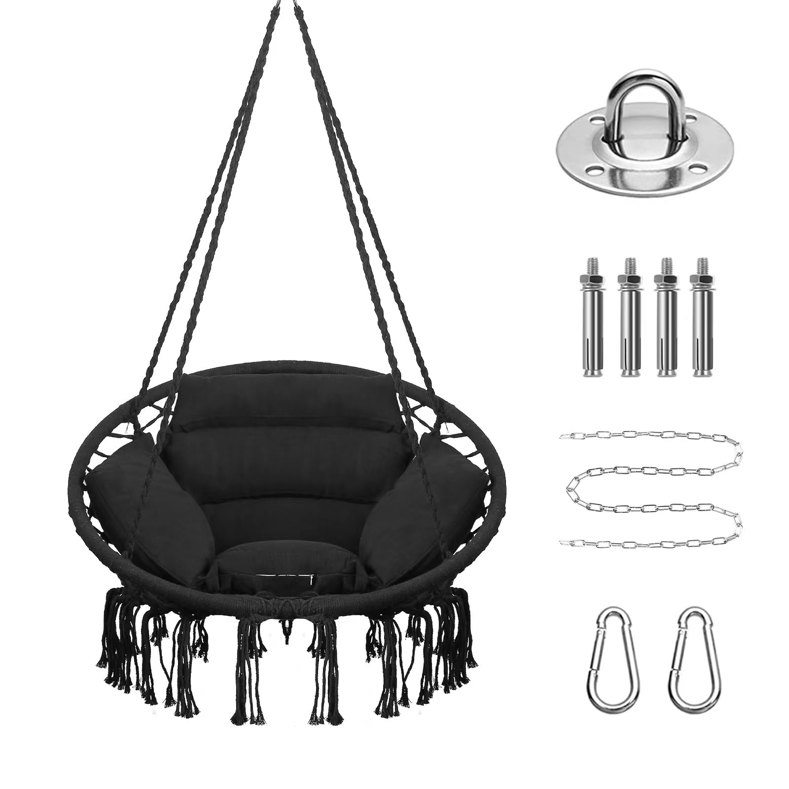 Goutime Hammock Chair with Hanging Hardware Kit and Back Cushions,Macrame Boho Swing Chairs for Indoor,Outdoor,Bedroom,Patio,100kg Capacity (Black)
