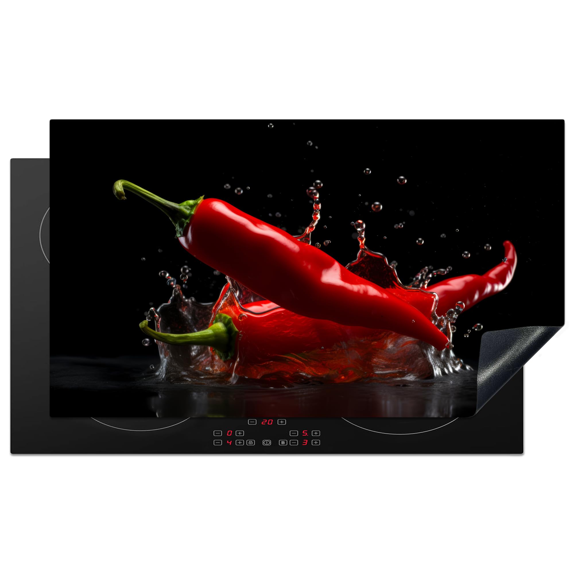 KitchenYeah© Induction Hob Protector Mat 20.3"x35.3" / 89.6x51.6 cm Stove Cap Top Cover Kitchen Cooker Covers for Electric Hobs Vinyl Pepper - Red - Black - Water - Vegetable