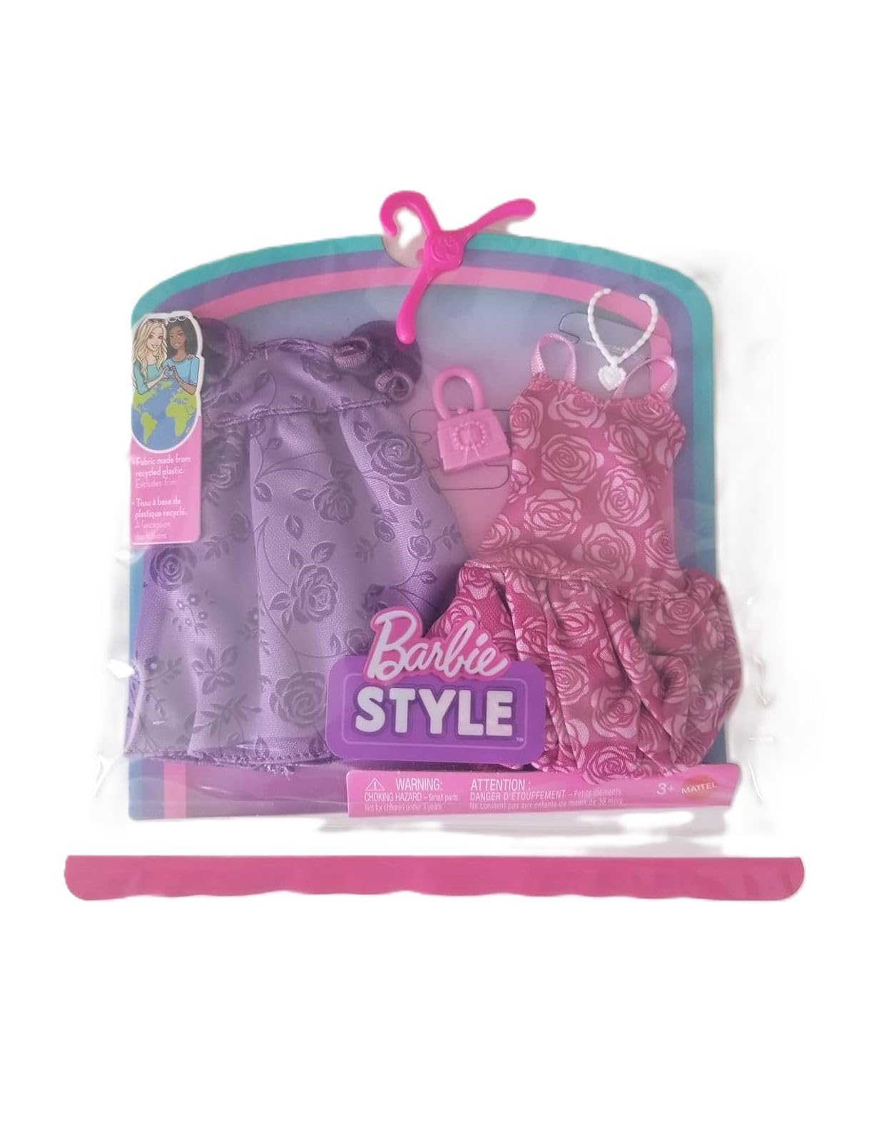 Barbie Style Fashion Pack, 2 Floral Outfits Pink and Purple with Accessories for Doll Barbie