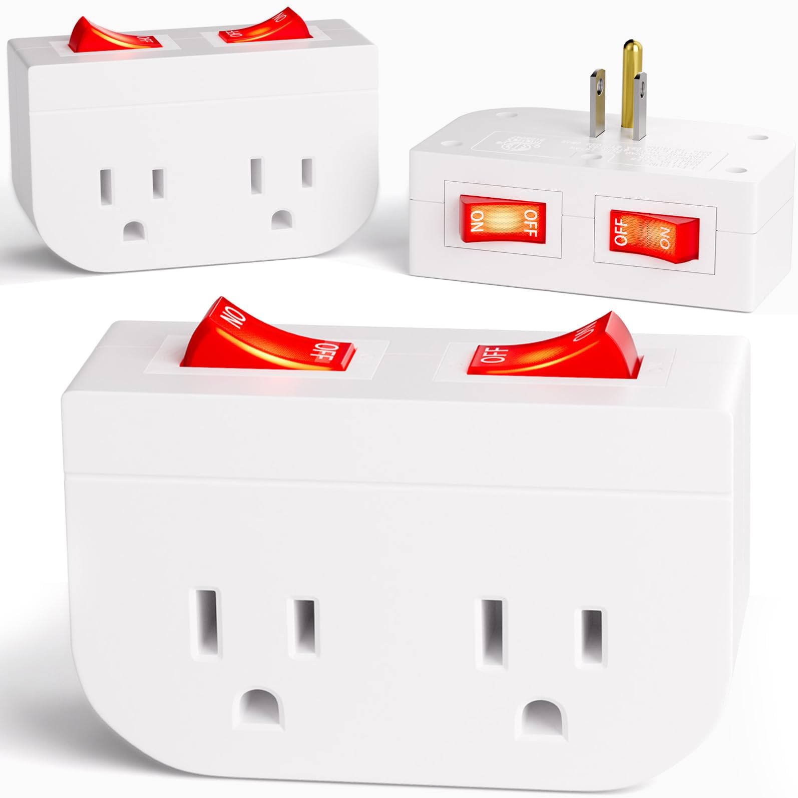 3Pack - POWAWINI Grounded Outlet with Double On Off Switch, Two Port Electrical Outlet Plug Switch, Wall Tap Adapter with Daul Red Indicator, 1875W,15A, ETL Listed (White)