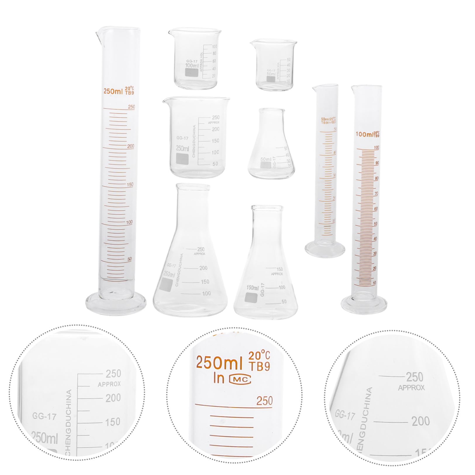 9pezzi Vetreria da Laboratorio in Vetro Premium Becher Cilindri Graduati e Fiasche Coniche Resistenti Capacità con Scala Chiara per Misurazioni Accurate in Scienza e Cucina
