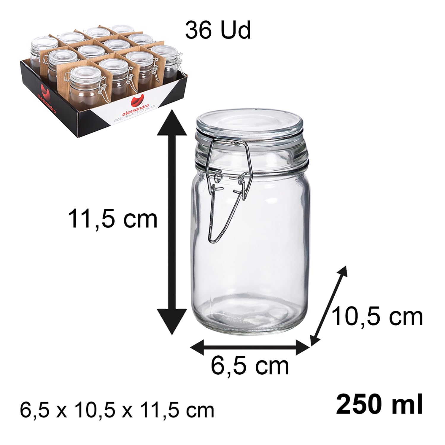Bote Cristal Hermético 250ml | Pack 36 Unidades | Tarro de Cristal | Tapa Cierre Seguro Hermético | Almacenamiento de Comida Conservas | Cocina Bar Restaurante Hostelería Decoración (250ml Liso (36ud)