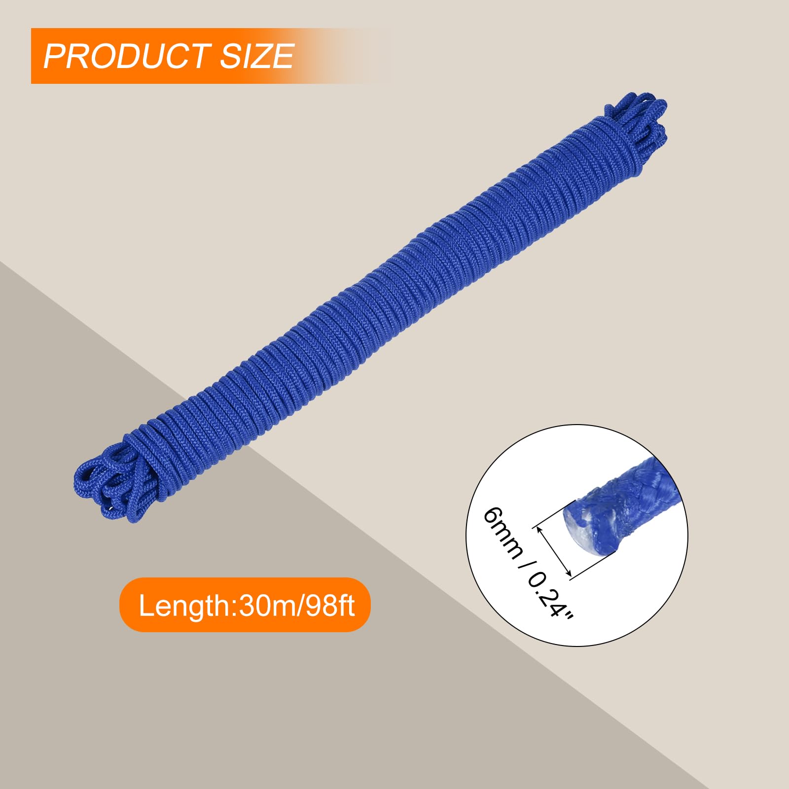 Rebower 1 Pcs Blue Nylon Rope 1/4"x98ft Solid Braided Cord Polypropylene Rope Utility Cord,[for Camping Tie Down, Securing - Image 2
