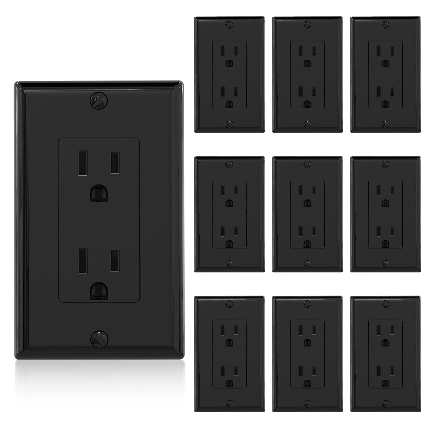 Ten glossy black ELEGRP decorator receptacles with matching wall plates.