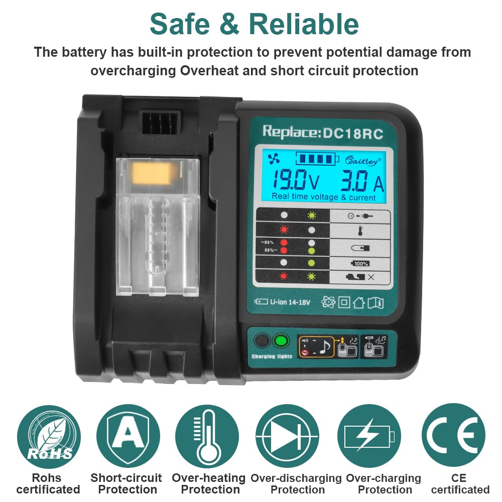 Powarobor DC18RC 14,4V-18V Caricabatteria rapido compatibile con Makita Li-ion batteria BL1830 Ｂ1850ＢL1850 BL1860B BL1830B BL1430 BL1450 caricabatterie 3A Con display LCD DC18RA