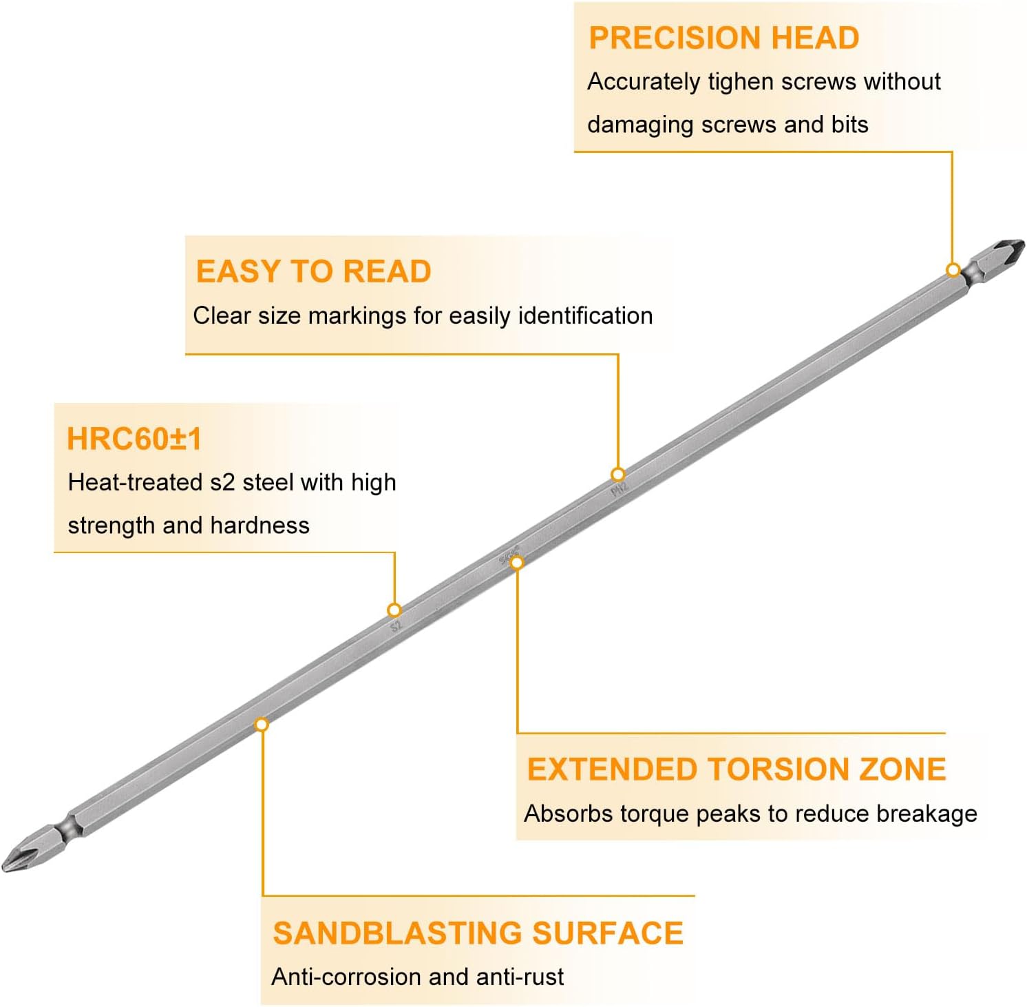 HARFINGTON 2pcs Magnetic Double Ended Screwdriver Bit 6.35mm PH2 11.8" Length 1/4" Hex Shank S2 Steel Two Sided Phillips Cross Screw Driver Bit