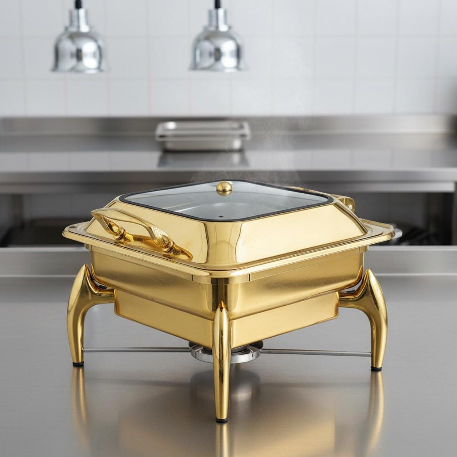 Chafing Dish Acabado Dorado Baño María Buffet Diseño Elegante Calentador Bufé para Catering, Comedor, Cuadrado De 6L con Tapa Extraíble