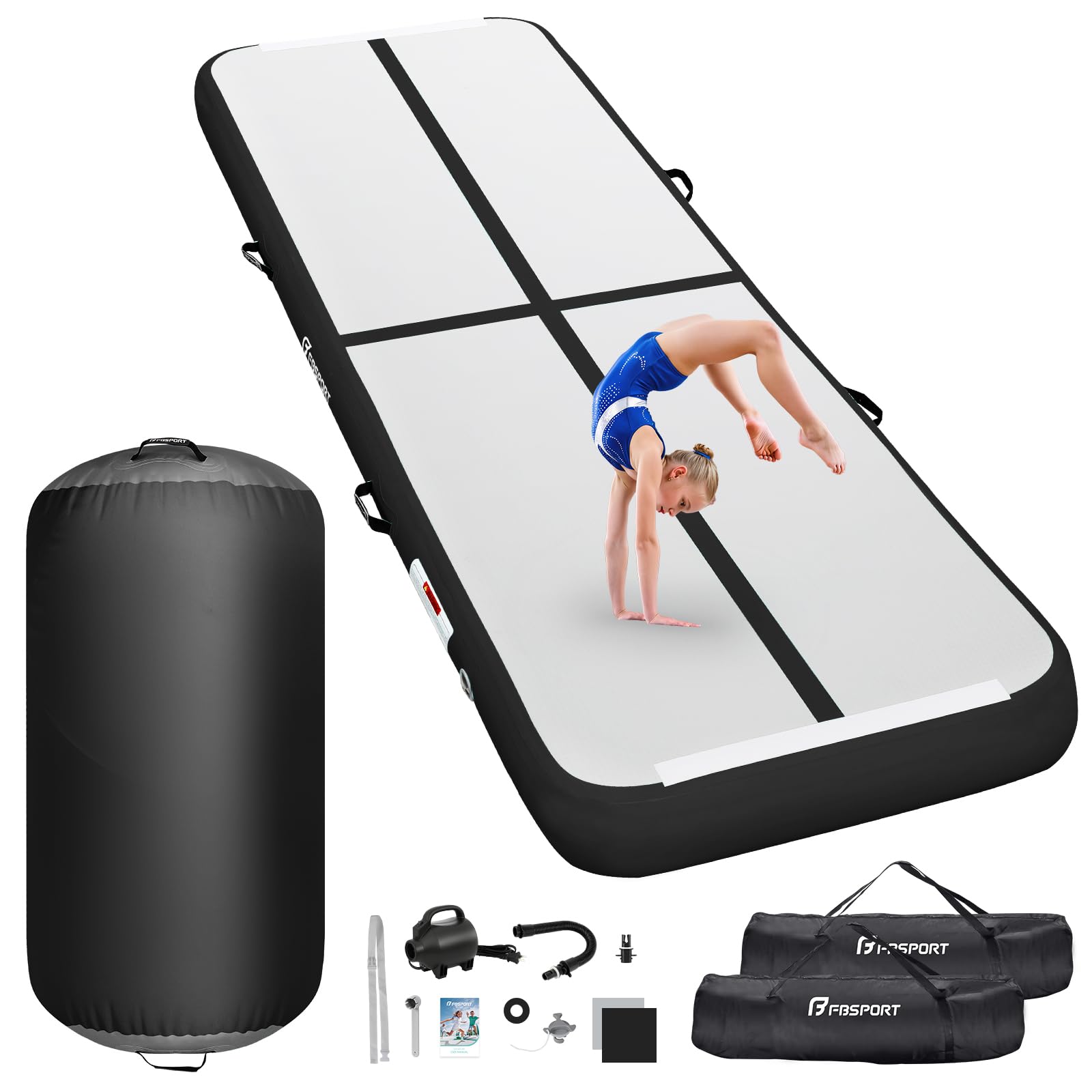 FBSPORT Airtrack Matte mit 100x60cm Air Roll, 10cm Hoch Verdicken 3/4M Tumbling Matte,Gymnastikmatte mit Luftpumpe,Trainingsmatte mit Tragetasche,Turnmatte für Zuhause, Outdoor,Yoga