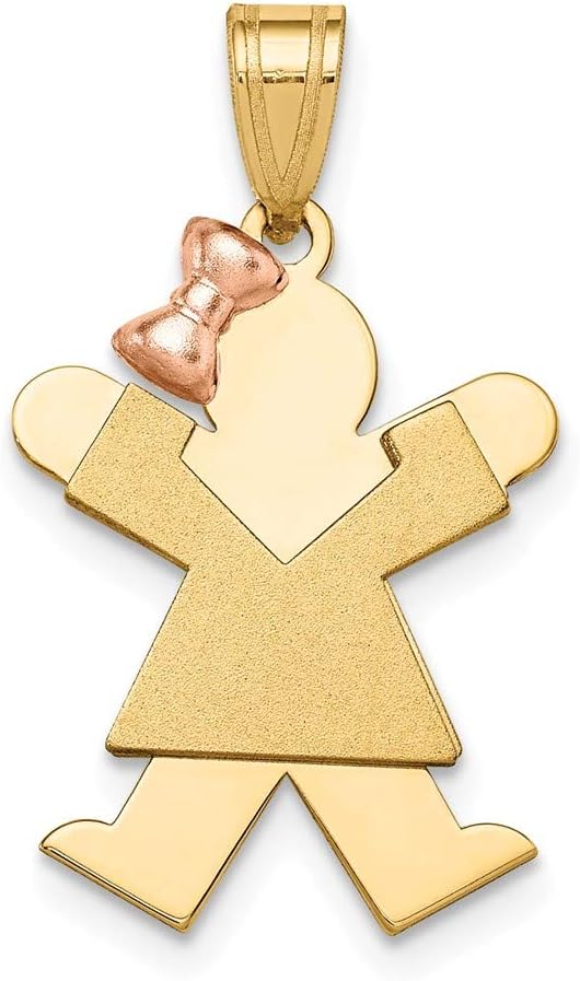 Solid 14k Yellow and White Gold Two Tone Small Girl with Bow on Left Engravable Charm Pendant - 25mm x 15mm
