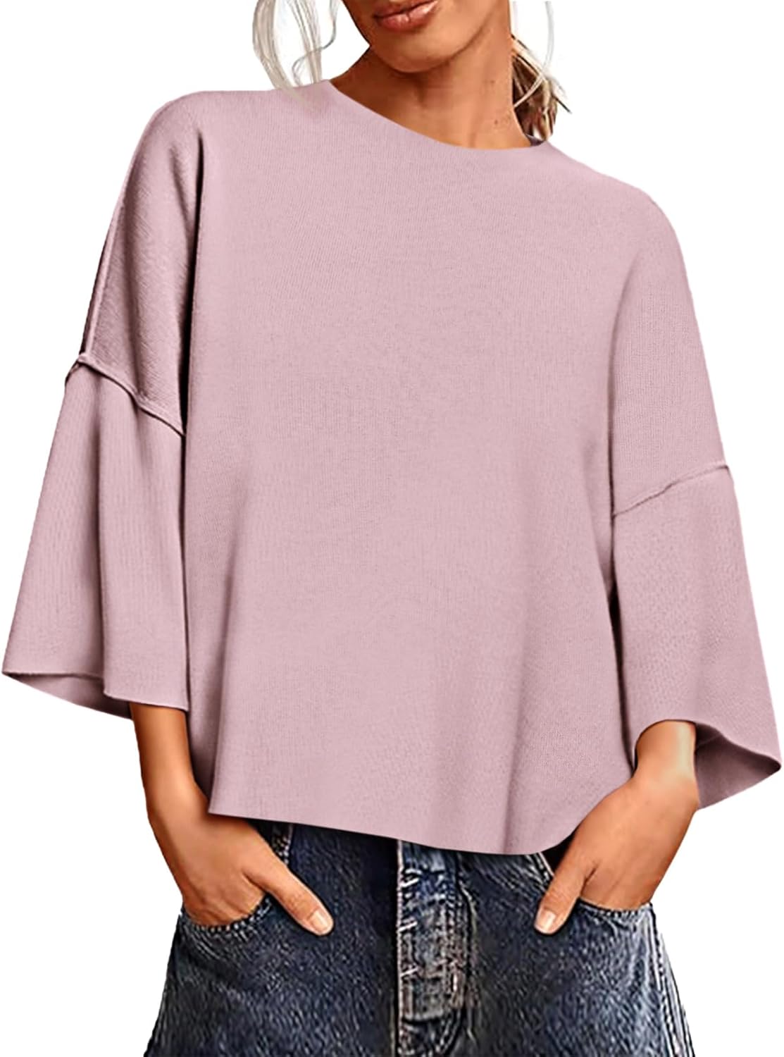 Saodimallsu Womens 3/4 Sleeve Sweaters Lightweight Crewneck Loose Pullover Casual Oversized Fall Knit Tops