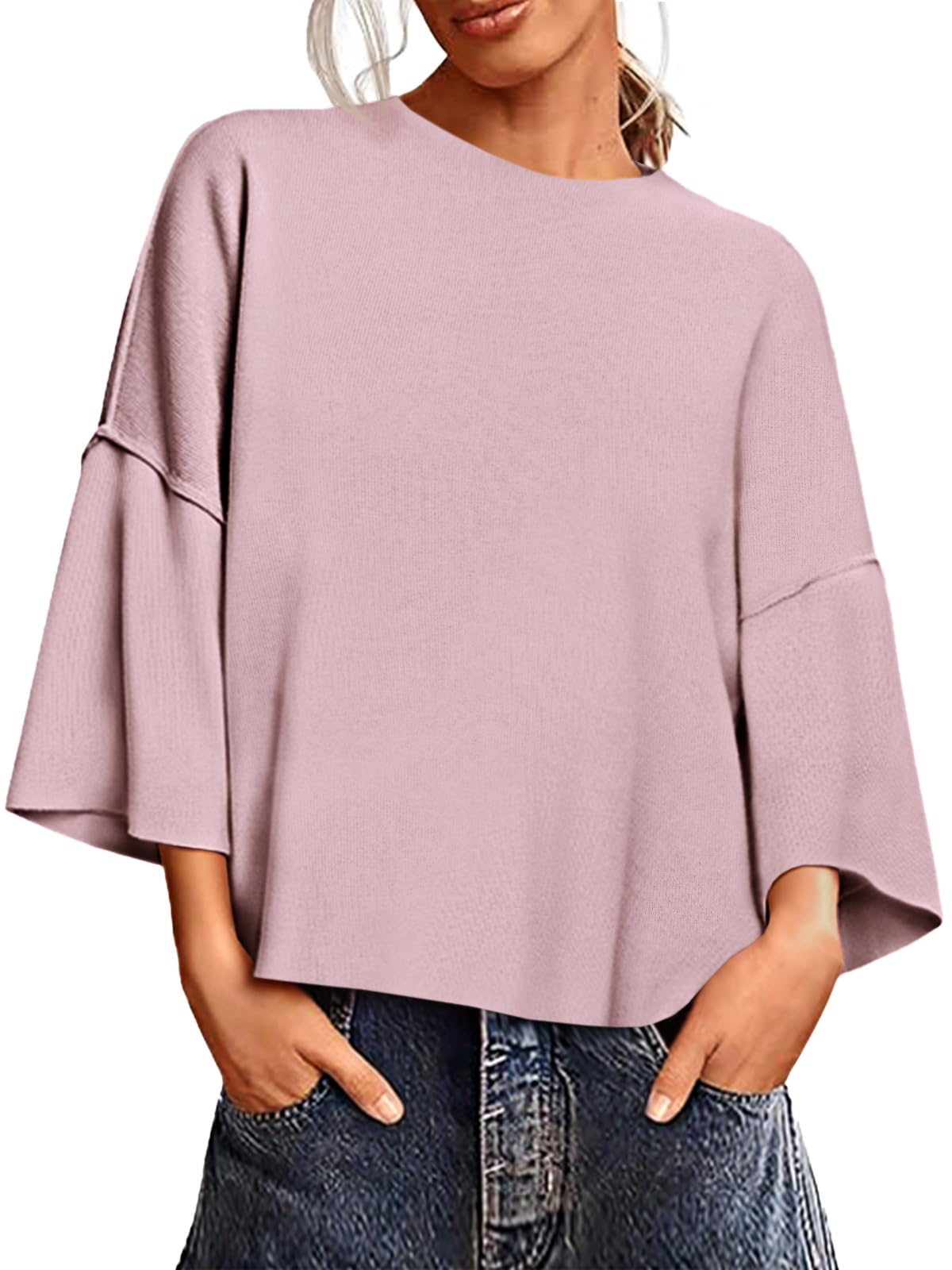 Saodimallsu Womens 3/4 Sleeve Sweaters Lightweight Crewneck Loose Pullover