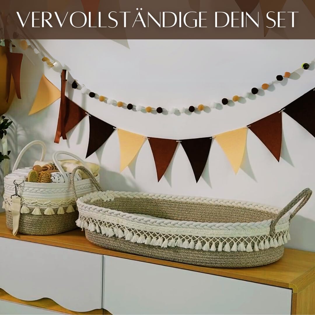 SEBRAM Wickelkorb Baby – Handgefertigte Wickelauflage mit Liebe, Wasserdichte Matratze und Tragetasche | Sicher & Schön fürs Babyzimmer – Farbe: Beige