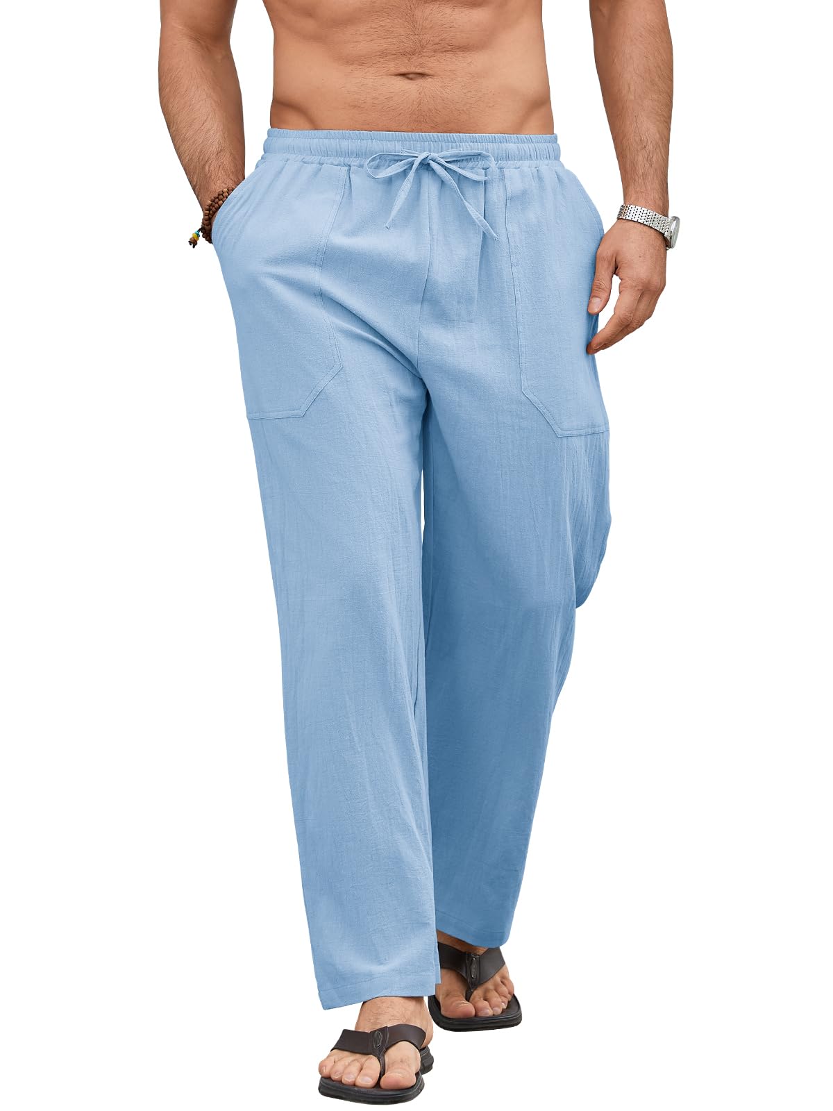 Pantalón Lino Hombre Verano de Mezcla Algodón y Lino Ligero Transpirable con Cintura Elástica Cordon y Bolsillos Pantalones de Lino Hombre Corte Largo