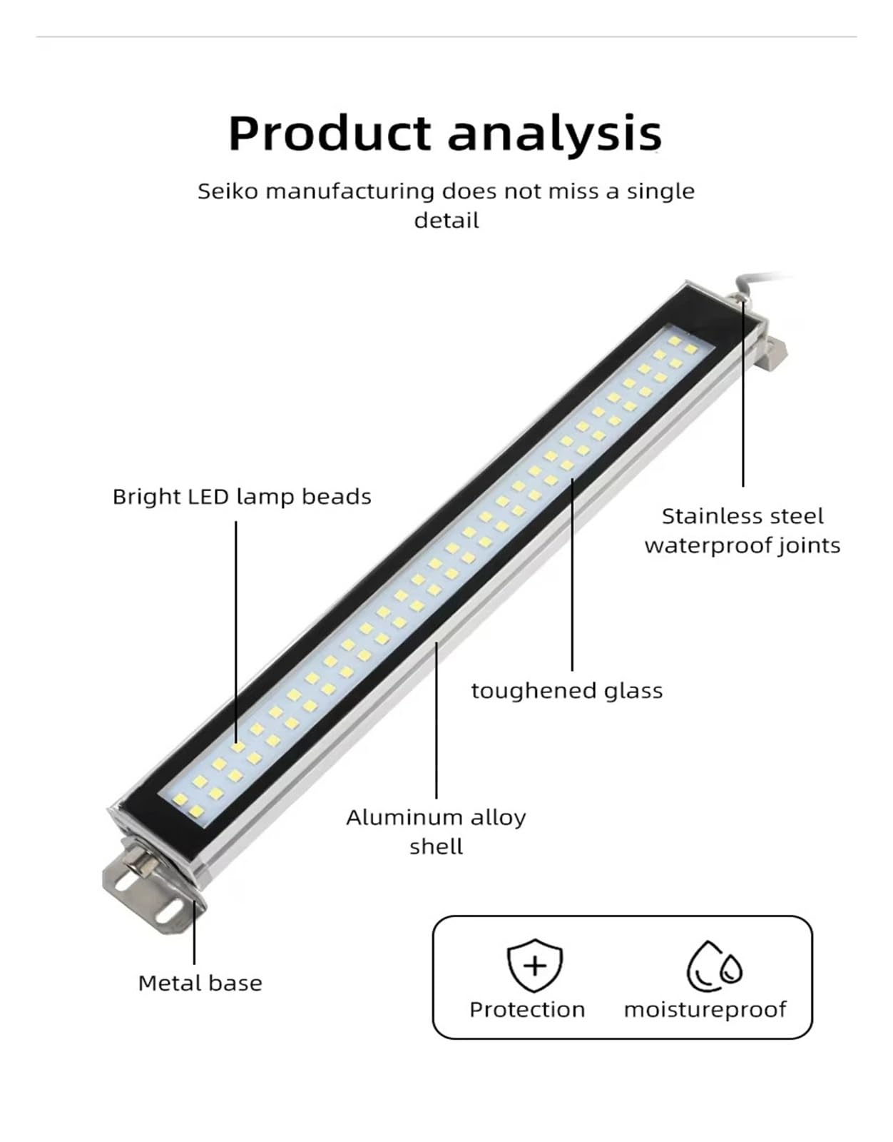 Sprzęt LED CNC Oświetlenie Wodoodporna metalowa obudowa Tokarka ze stopu aluminium Lampa prostokątna IP66 220 V 24 Wysoka jasność(Length-53CM,AC 100-230V)