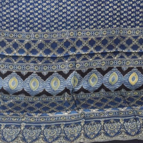 Image of Ethnics of Kutch Womenss Ajrakh Modal Silk Natural Dye Hand Block Print Saree with Blouse Piece - 5.5 Mtr Length (Indigo 03601B)