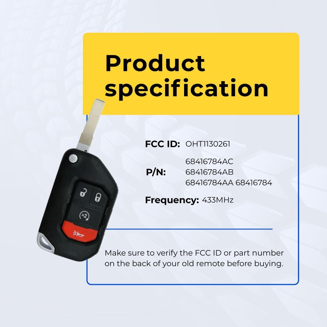 Replacement Flip Key Fob for 2020 Gladiator FCC OHT1130261 Part Number 68416784AC 68416784AB 68416784AA 68416784