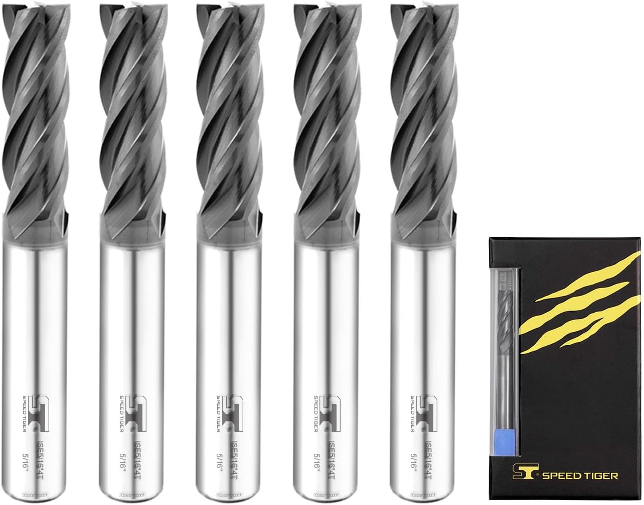 SPEED TIGER Micrograin Carbide Square End Mill - 4 Flute - ISE5/16 4T (5 Pieces, 5/16") - for Milling Alloy Steels, Hardened Steel, Metal & More – Mill Bits Sets for DIYers & Professionals