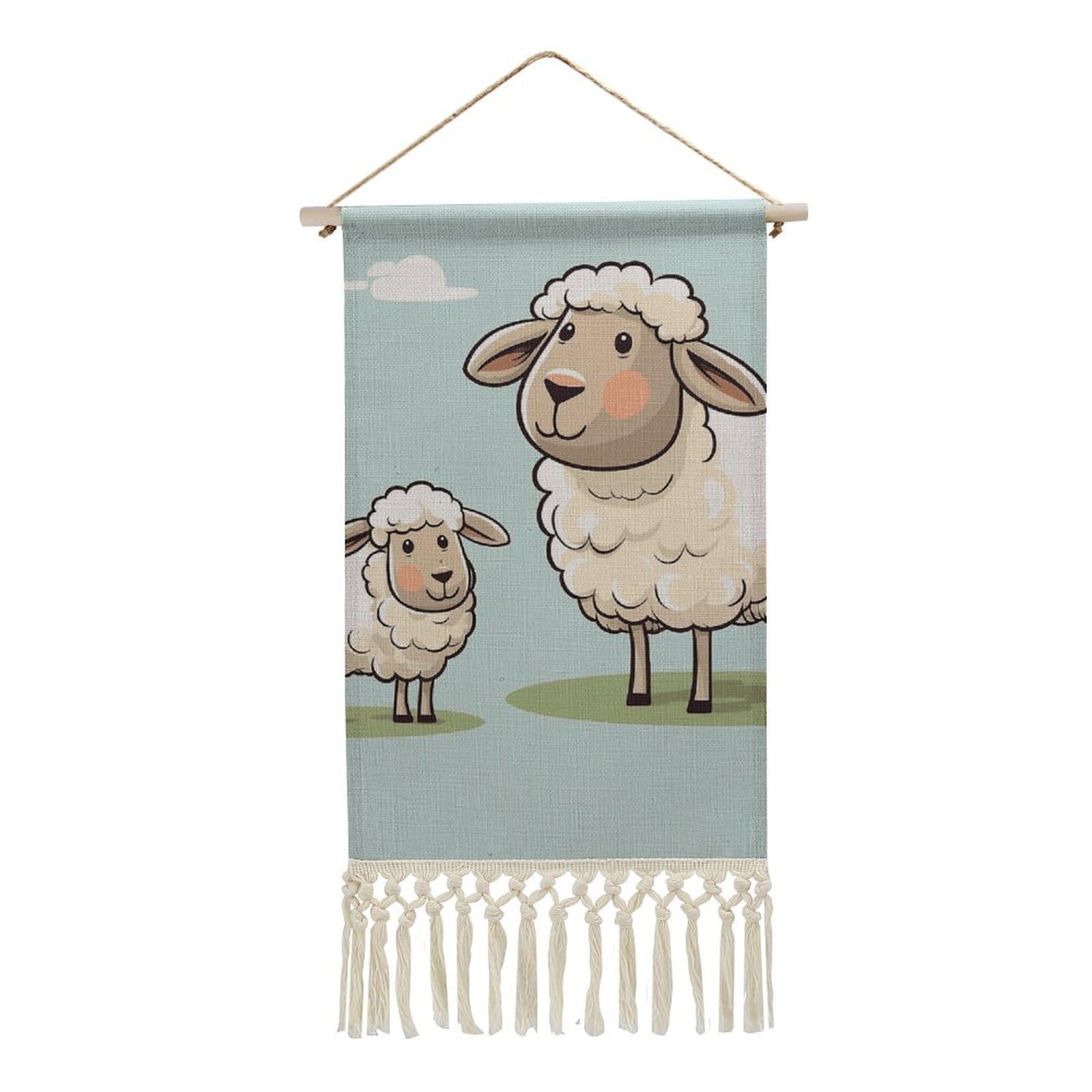 BTCOWZRV Cotton And Linen Hanging Poster with Tassels, Sheep And Lamb Cartoon Wall Hanging Tapestry Vintage Wall Art Painting Modern Artwork Decoration for Home Decor Ready to Hang 10x19.6 in