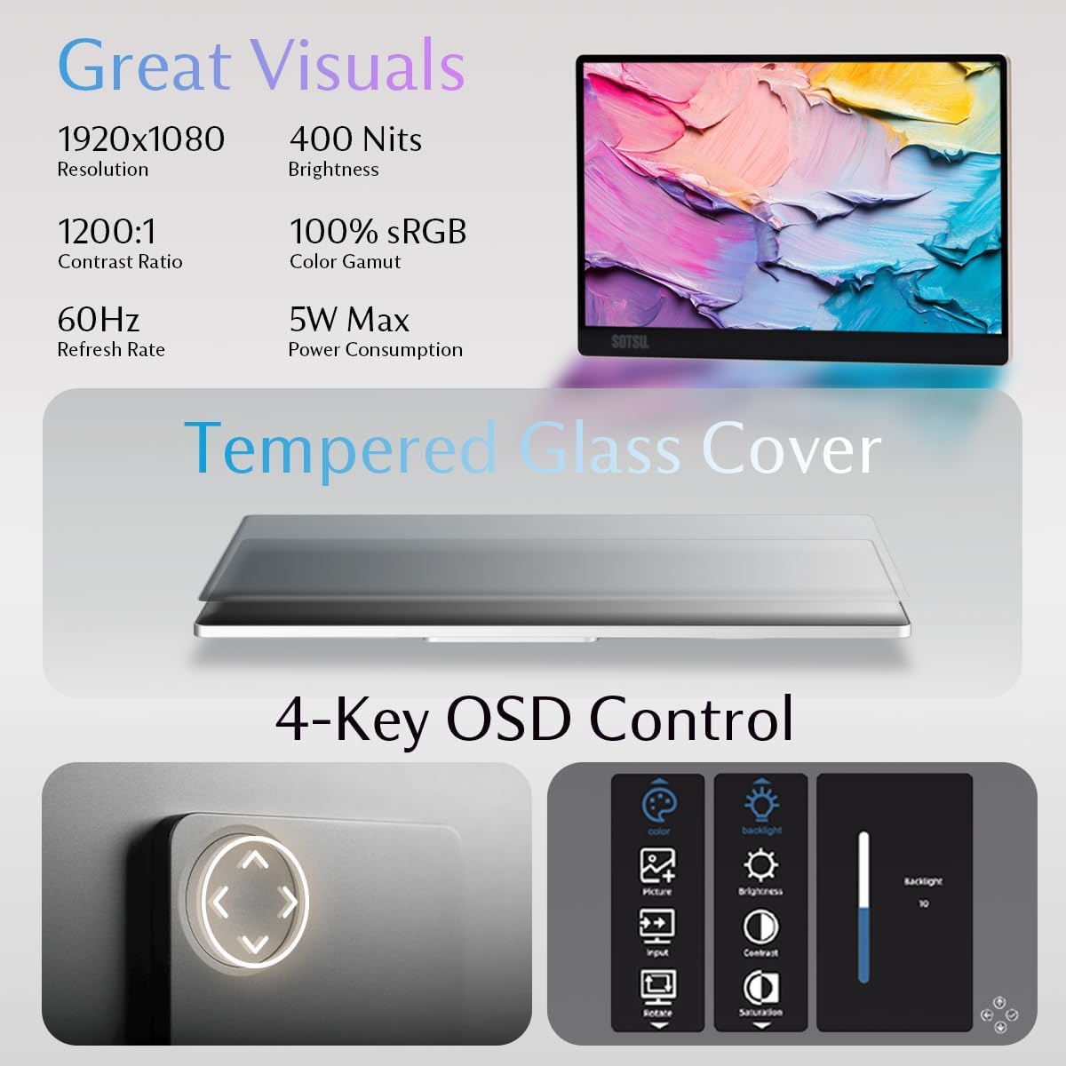 SOTSU FlipAction Go 14" Premium Portable Monitor | Full HD 1080p | 400 Nits | 100% sRGB | Robust yet Lightweight | Pivoting Landscape & Portrait Display | Tempered Glass Cover | USB-C & Mini HDMI | 5W