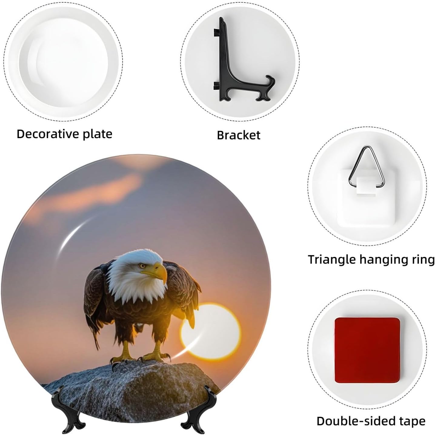 Bone China Decorative Plate with Display Golden Sunset Bald Eagle Ceramic Plates Crafts Art Decor Dessert Plate Ceramic Ornament Porcelain Plates for Living Room Kitchen Table Home Decor