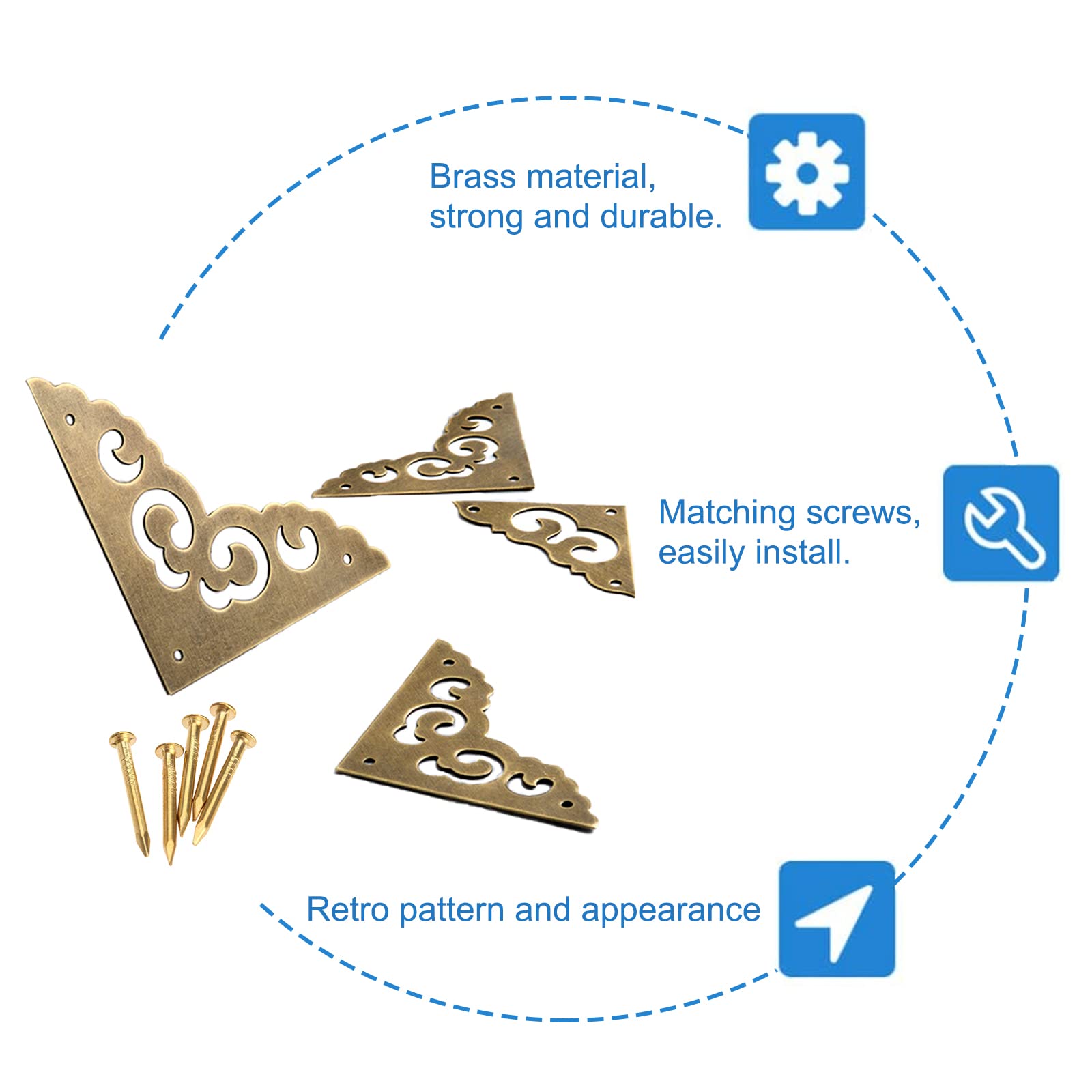 INCREWAY Brass Flat Corners Bracket, 8PCS Decorative Brass Box Corner Protector Metal Floral Right Angle Bracket for Cabinet Door - Image 3