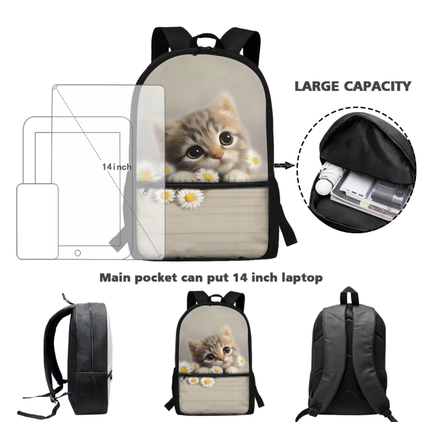 Set di zaino per la scuola per bambini, per ragazzi e ragazze, borsa portapranzo, astuccio, confezione da, Gatto Daisy Grigio