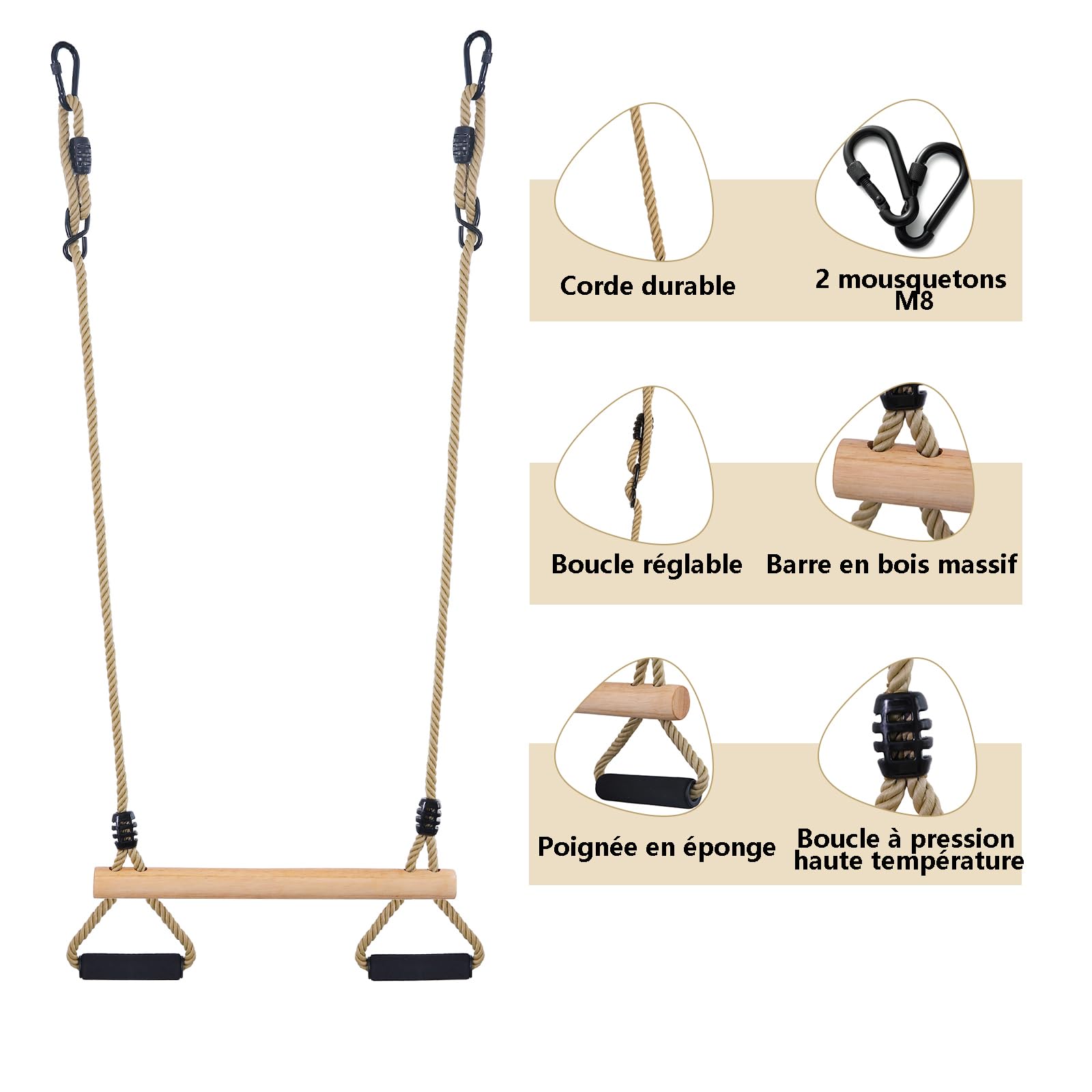 Trapèze Balançoire,Enfants Balançoire Extérieure en Bois,Trapèze Multifonction en Bois pour Intérieur& Extérieur （Noir）