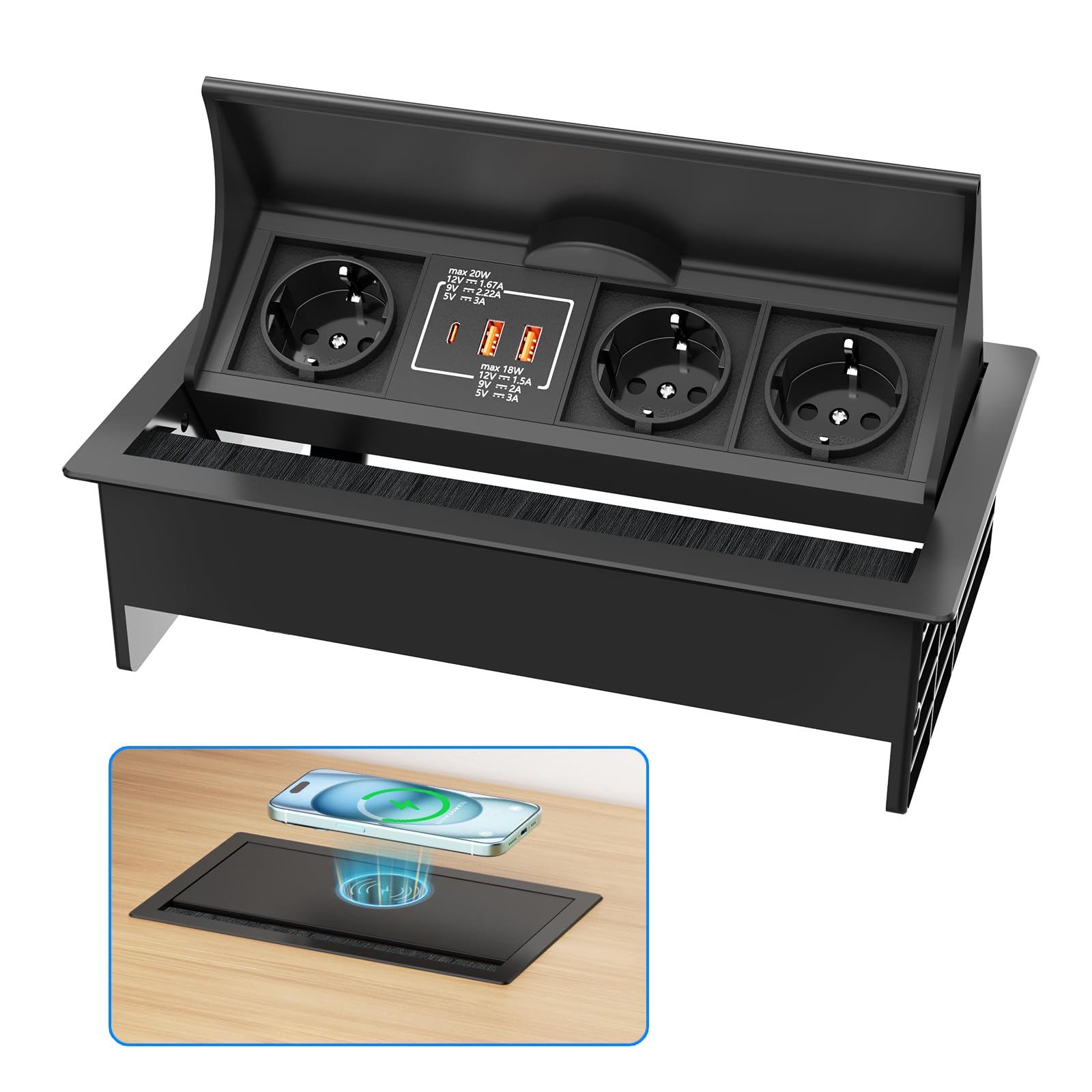 Regleta Empotrable Con 2 USB-C (35W PD) Y 1 USB-A (30W) - Para Instalar En Mesas, Color Negro