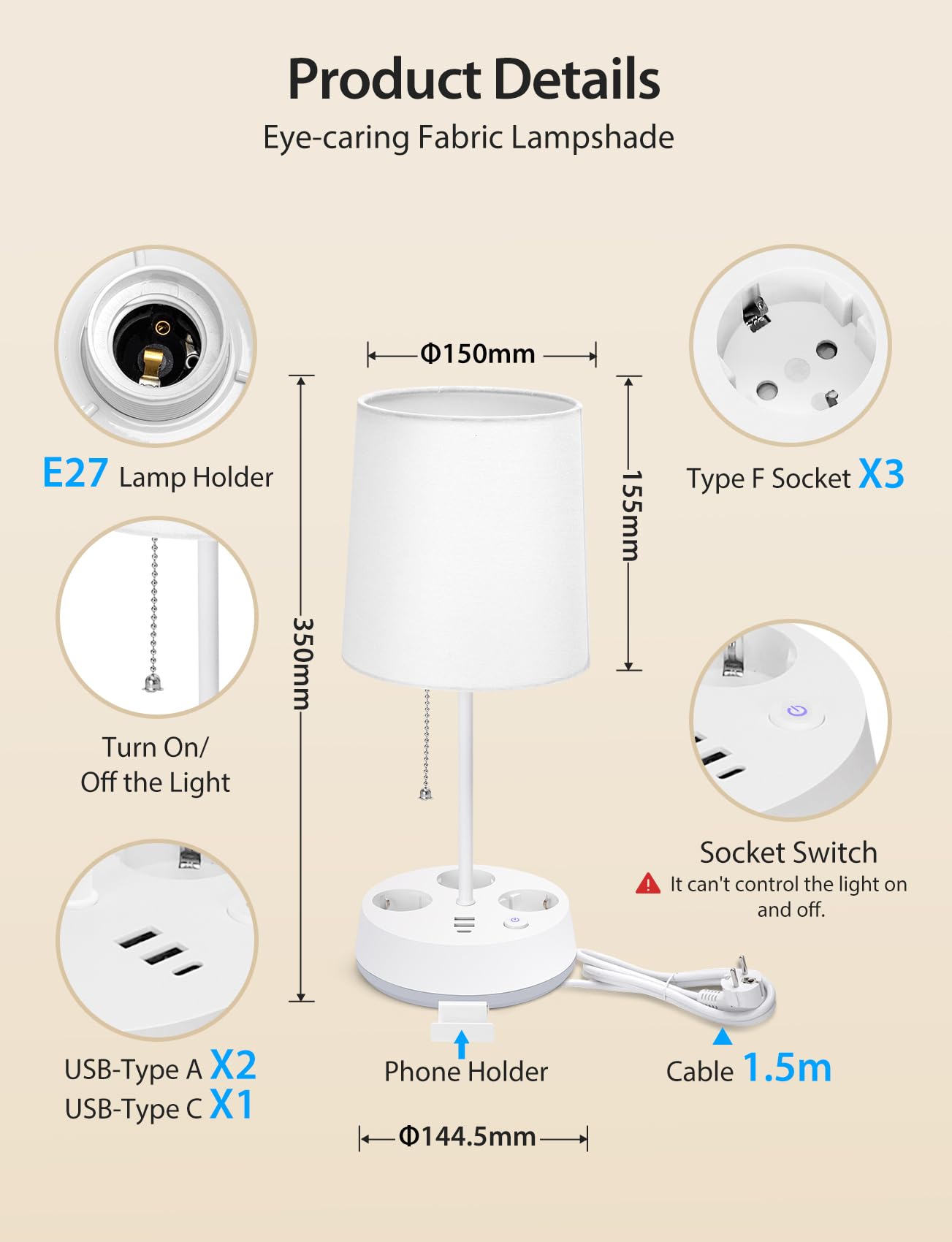 Aigostar- Smarte Tischlampe LED Kompatibel mit Alexa, Bedside Lamp Modern, 2700K-6500K und RGB Dimmbar, mit 3 Steckdosen (Type F), 3 Schnellladeanschlüsse, Fernbedienung und Handyhalterung, Weiß