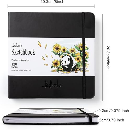 Miniatura 6 de ALKALO Cuaderno de dibujo cuadrado de 180 gsm122 libras con recinto elástico y marcador de cinta mediano negro