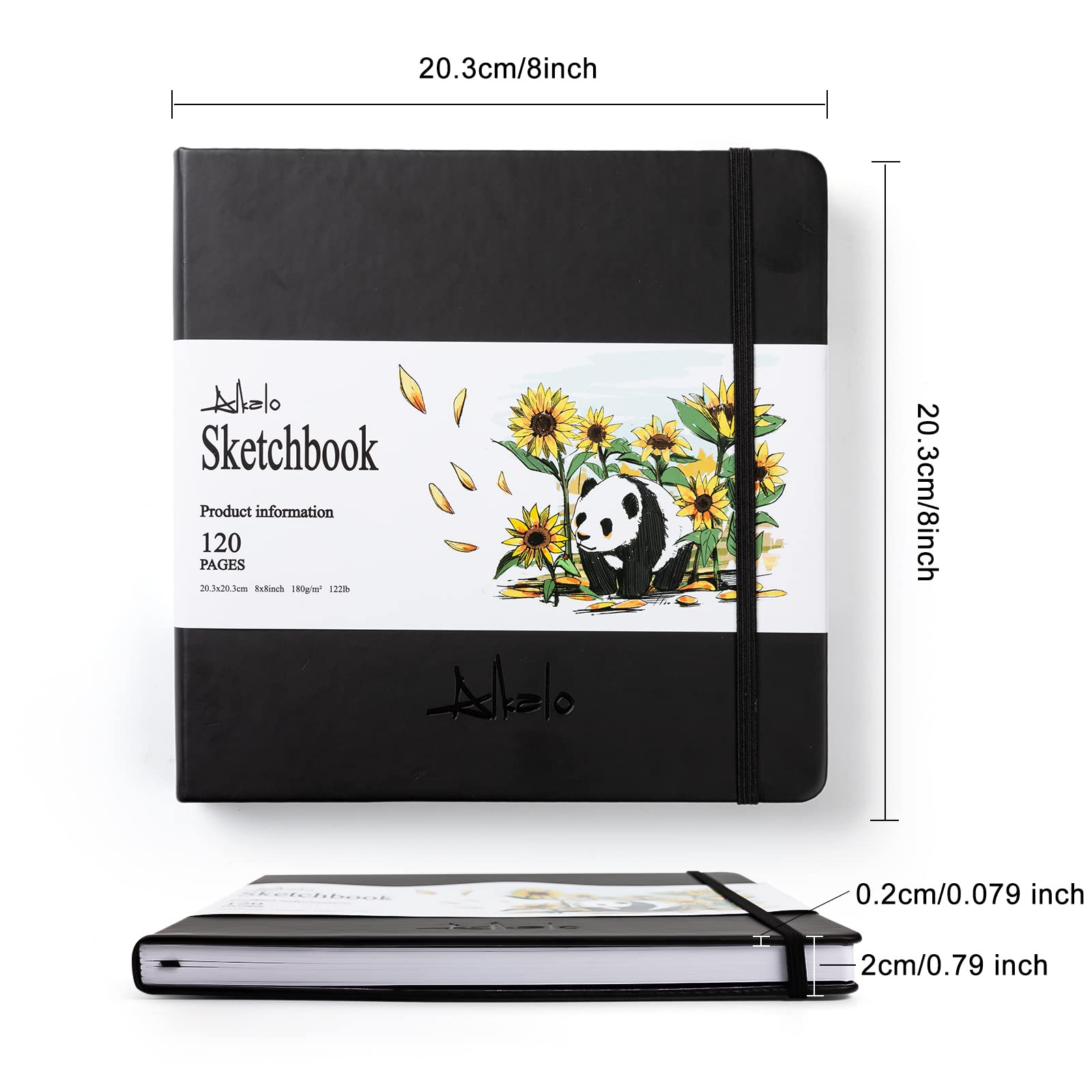 ALKALO Sketchbook Carnet de dessin carré avec élastique et ruban marque-page - 180 g/m² - 55 kg - Noir