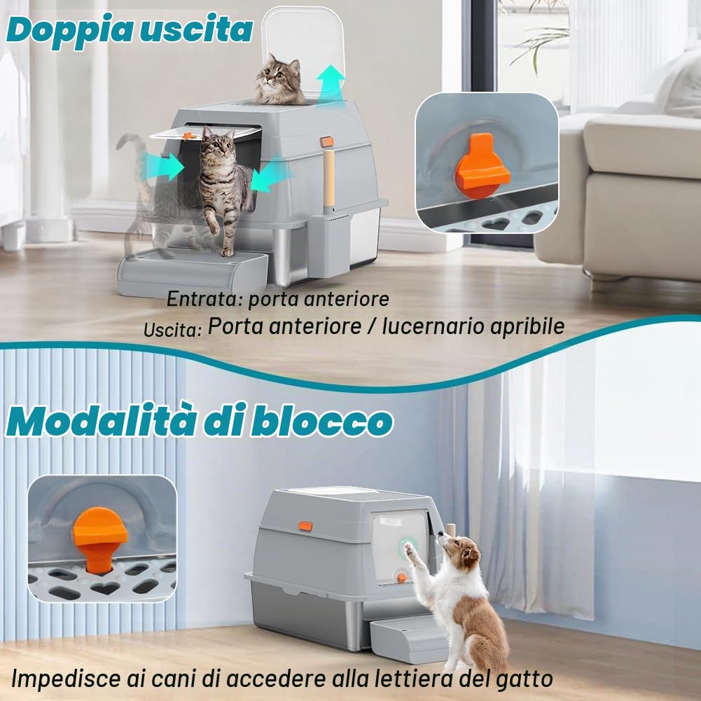 Lettiera per gatti grande XL, in acciaio inox con coperchio, in acciaio inox con coperchio, scatola per gatti chiusi, bordo alto, due ingressi, pala + tappetino + passo pedale, 60 x 40 x 39,5