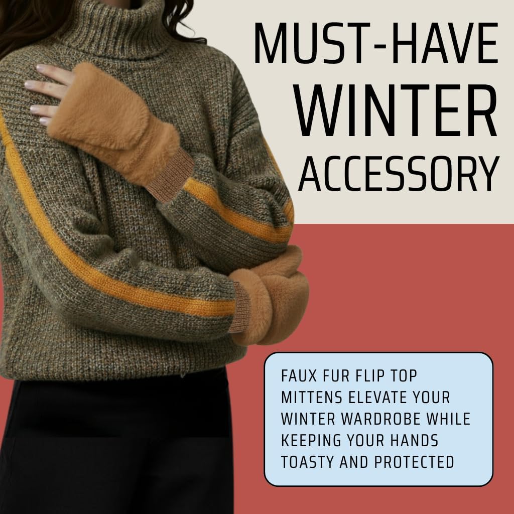 Funky Junque Faux Fur Flip Mittens Womens Warm Convertible Fingerless Gloves - Image 6