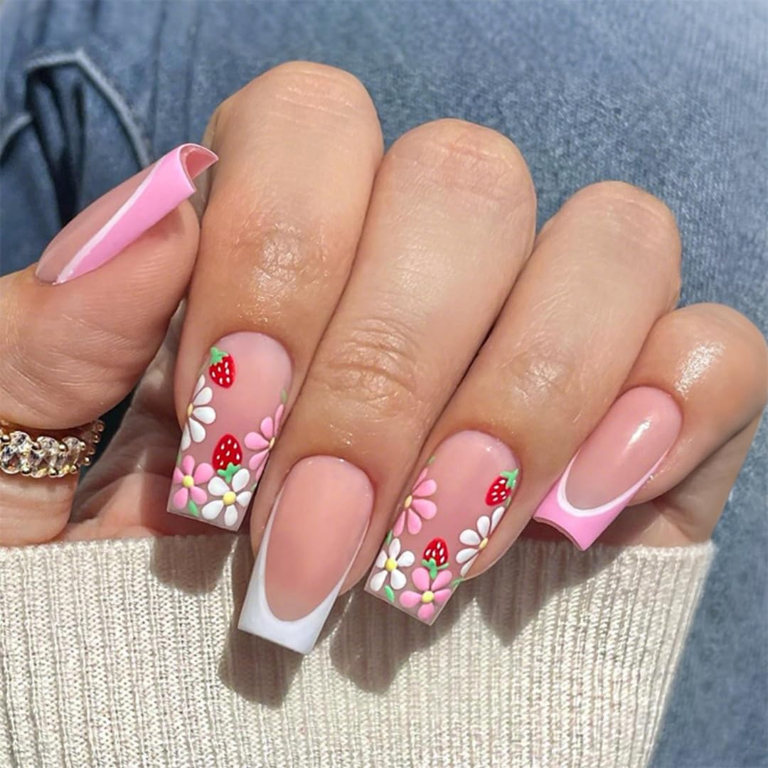 SXVME White French Tip False Nails Long Coffin with Floral Strawberry Design Natural Nude Press on Nails Long Ballerina Cute Acrylic Fake Nails for Women Finger Manicure 24 Pcs
