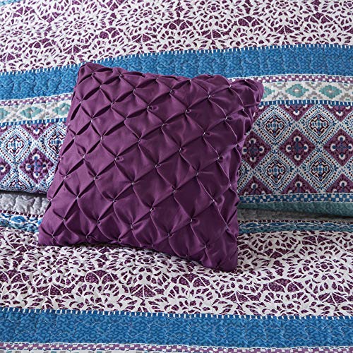 Intelligent Design Joni Reversible Cozy Quilt Set Casual Boho Design All Season Coverlet Bedspread, Matching Shams, Decorative Pillow, Twin/Twin X-Large, Purple 4 Piece #TOP3