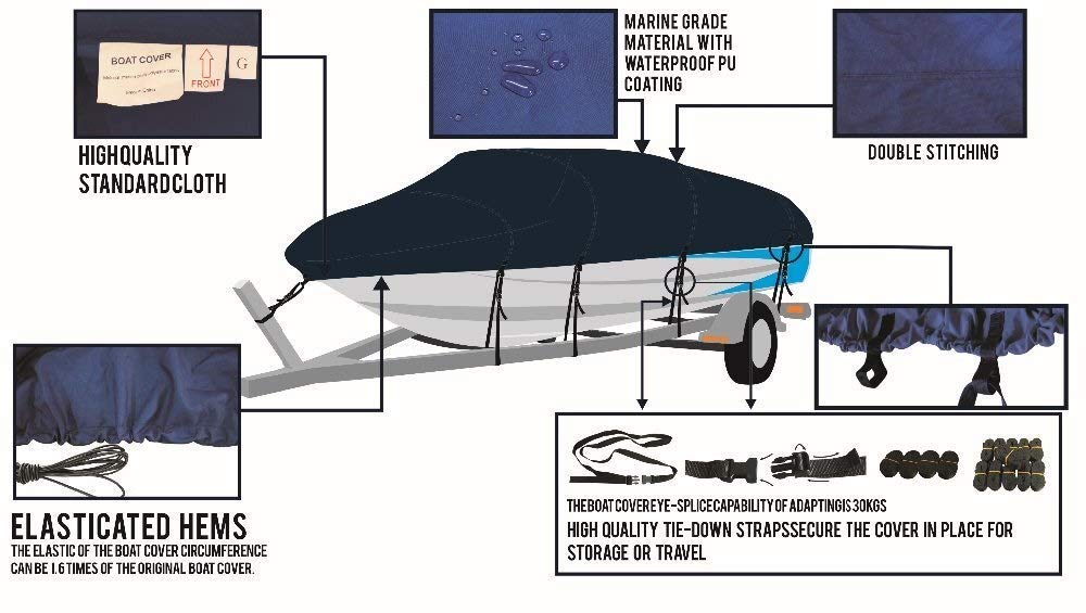Telo copribarca 600D Rivestito in PU, trasportabile, 12'-14'X68, Anti-Acqua, di qualità Marina, per Esterni (Blu Navy)