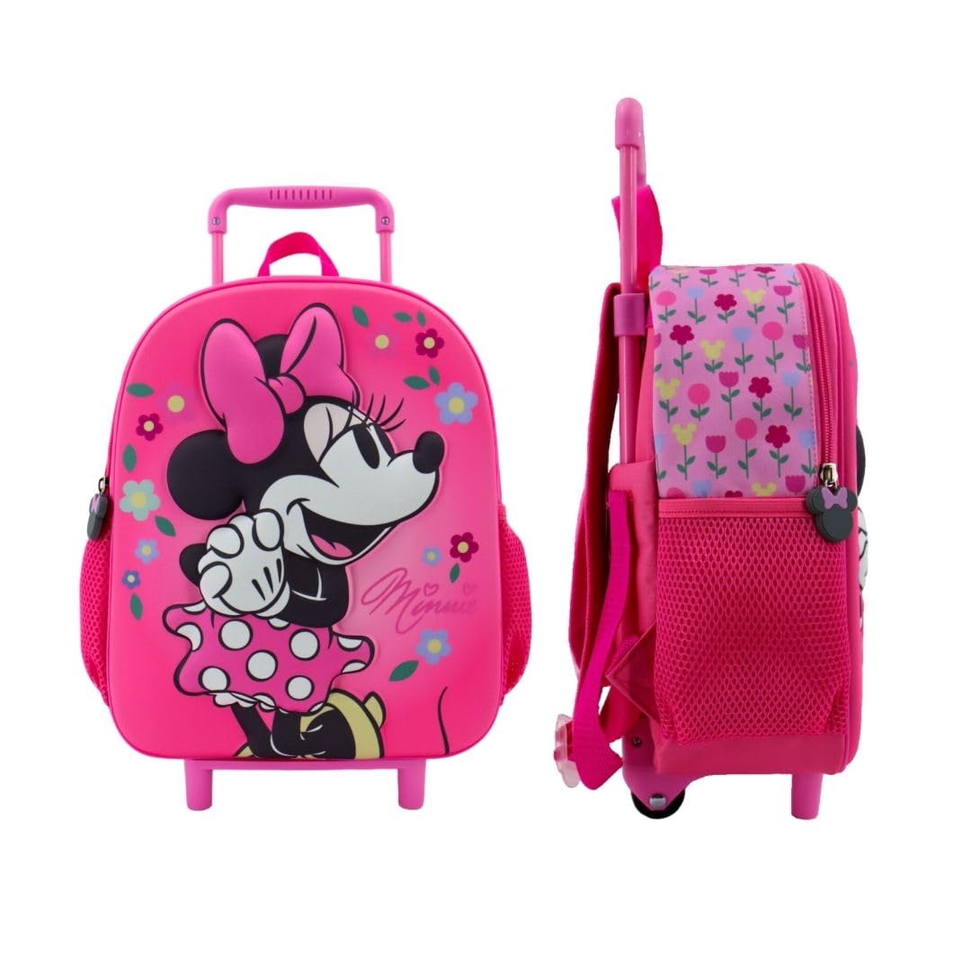 mybagstory Mochila con ruedas 3D para niña, Minnie Mouse, color rosa para niños, escuela, guardería, mochila para niña, correas ajustables - idea de regalo, ruedas, 30,5 cm, Minnie Mouse - Rosa,