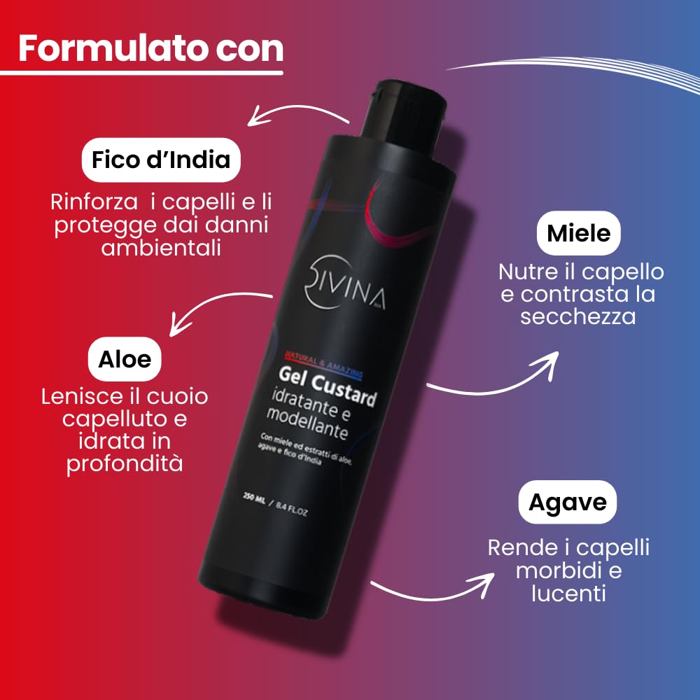 Gel Custard per capelli ricci, super-ricci, afro Natural&Amazing di DIVINA BLK. Azione Idratante Anticrespo e Modellante, con estratti naturali (250ml)