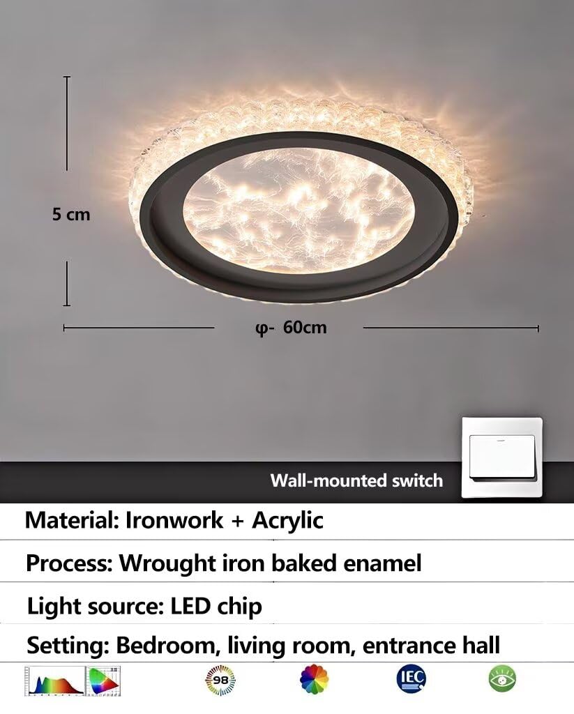 Plafon LED Techo Moderna, φ-60cm Redondo Luz de Techo Pantalla de Lámpara Acrílico, Protección Ocular de Espectro Completo Dimmable Negro Plafones para Dormitorio Cocina Salon Baño Pasillo