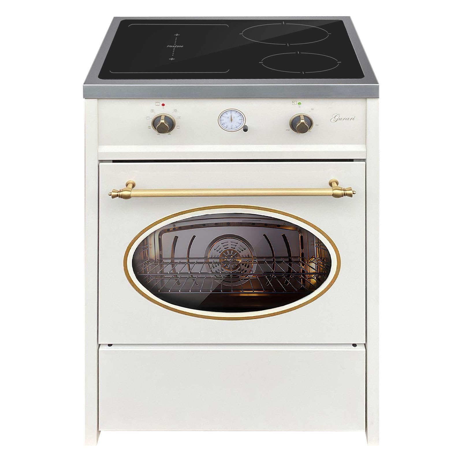 GURARI Kuchenka indukcyjna z piekarnikiem 60 cm GCH E 612 Cr + płyta grillowa z żeliwa | retro Range Coocker kuchenka indukcyjna 4 strefy gotowania | gorące powietrze | grill | kuchenka indukcyjna w