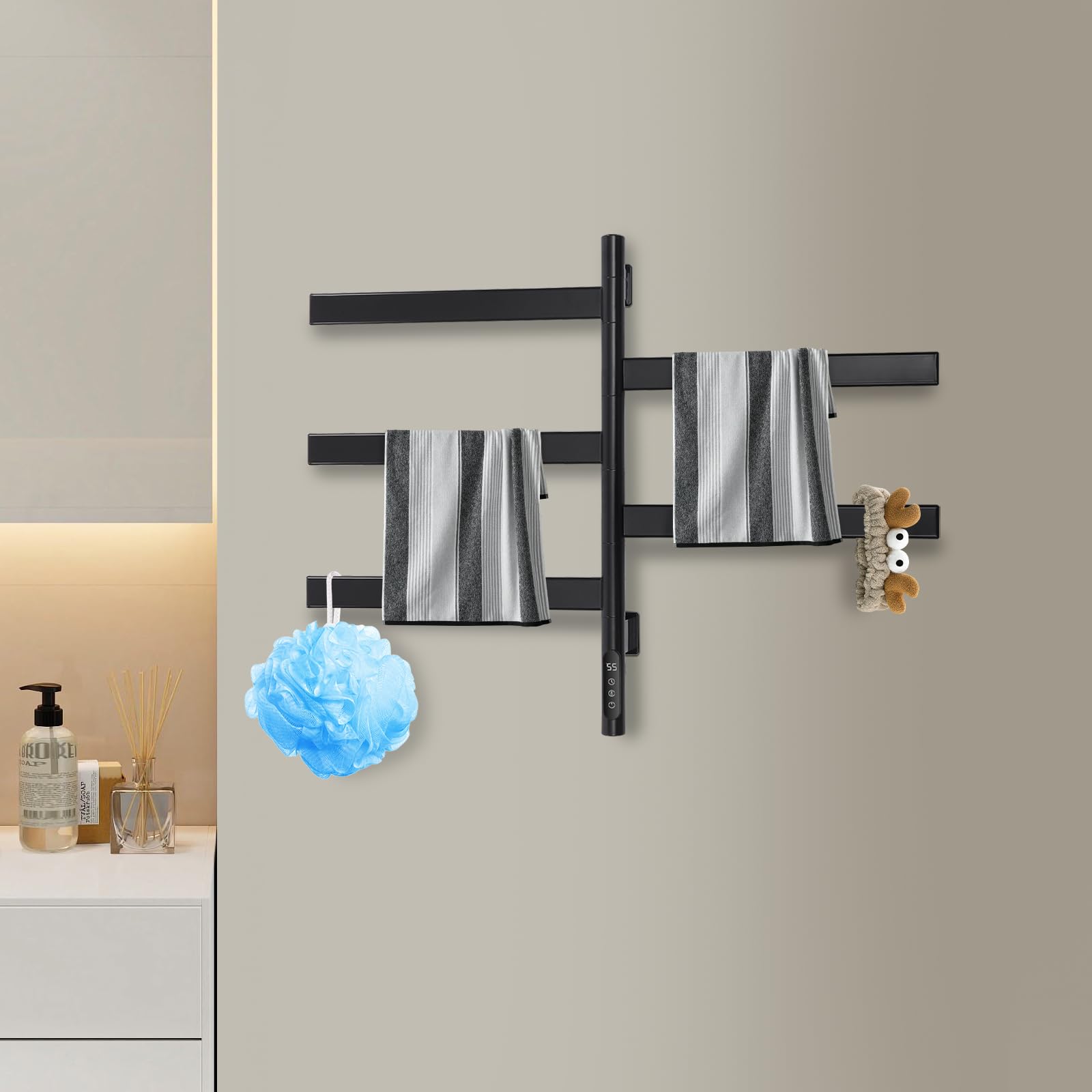 Handtuchheizkörper Elektrisch Handtuchtrockner 180° Drehung mit 5 Heizstäbe und Timer 30-70℃ 120W Handtuchwärmer Badheizkörper Schwarz IPX5