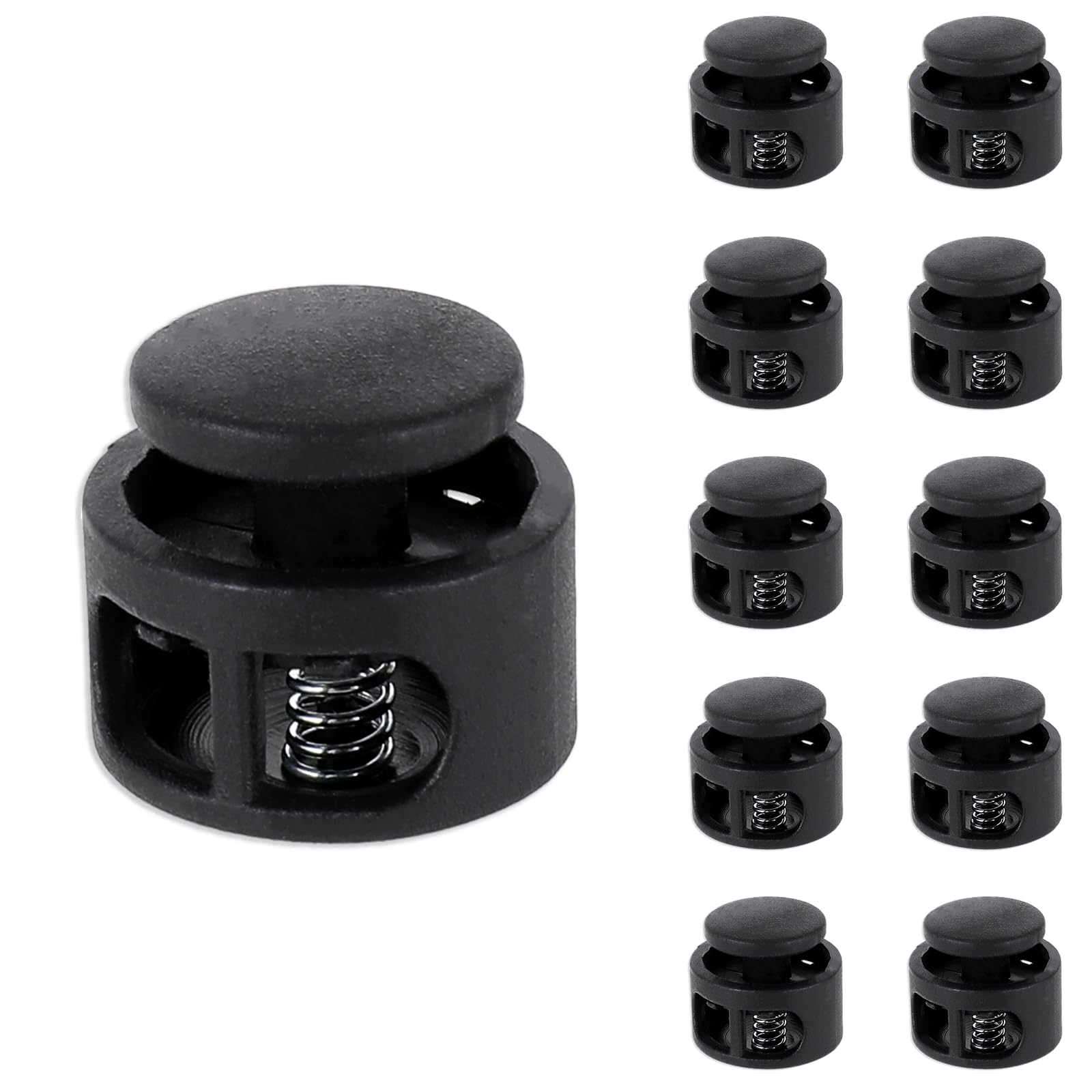 10Pcs Shoe Lace Tie Locks, Plastic Cord Locks Double Hole Drawstring Stopper Fastener Black Spring Cord Lock for Shoelaces Drawstrings Paracord Clothing Bags Sweatpants Hats