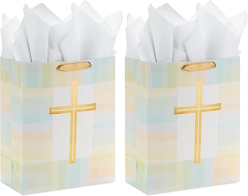 Miniatura 7 de Hallmark Bolsa de regalo grande de 13 pulgadas con papel de seda (cruz dorada, verde, amarillo) para Pascua, primera comunión, confirmación, bodas,