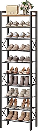 Miniatura 8 de Zapatero estrecho de 10 niveles, zapatero alto para 10-20 pares, organizador delgado de almacenamiento de zapatos con parte superior de madera,